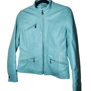 Pamela McCoy Robin's Egg Blue Genuine Leather Moto Jacket Womens XS